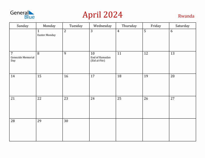 Rwanda April 2024 Calendar - Sunday Start