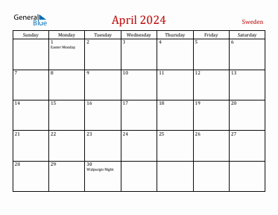 Current month calendar with Sweden holidays for April 2024