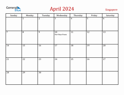Current month calendar with Singapore holidays for April 2024