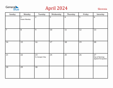 Current month calendar with Slovenia holidays for April 2024
