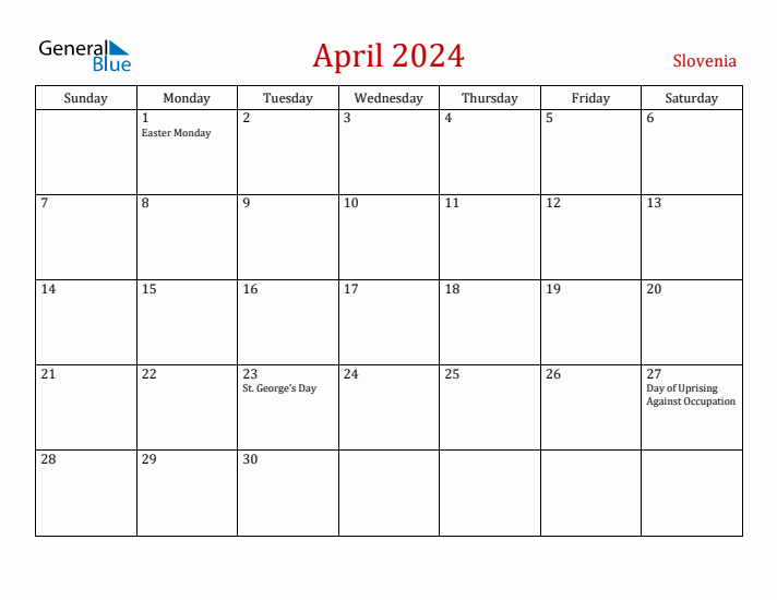 Slovenia April 2024 Calendar - Sunday Start