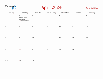 Current month calendar with San Marino holidays for April 2024