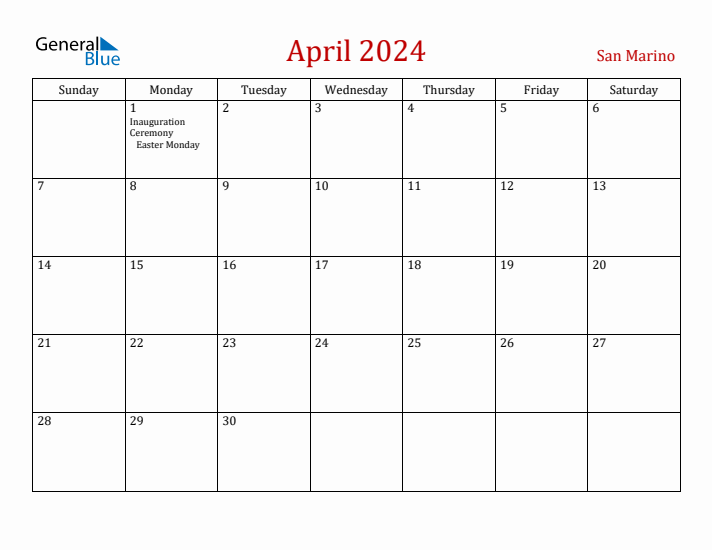 San Marino April 2024 Calendar - Sunday Start