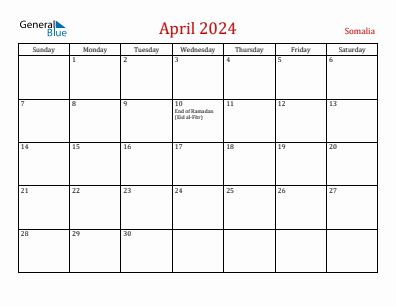 Current month calendar with Somalia holidays for April 2024