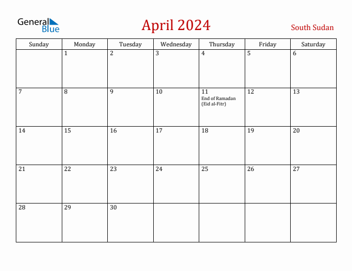 South Sudan April 2024 Calendar - Sunday Start