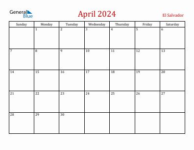 Current month calendar with El Salvador holidays for April 2024