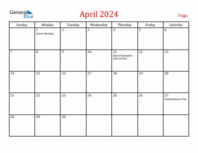 Current month calendar with Togo holidays for April 2024