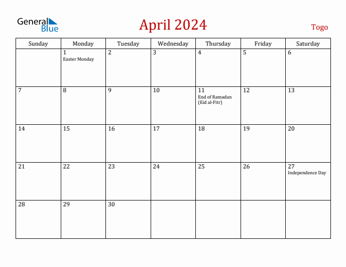 Togo April 2024 Calendar - Sunday Start