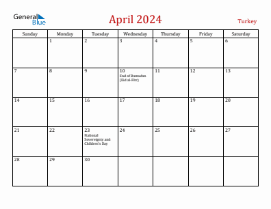 Current month calendar with Turkey holidays for April 2024
