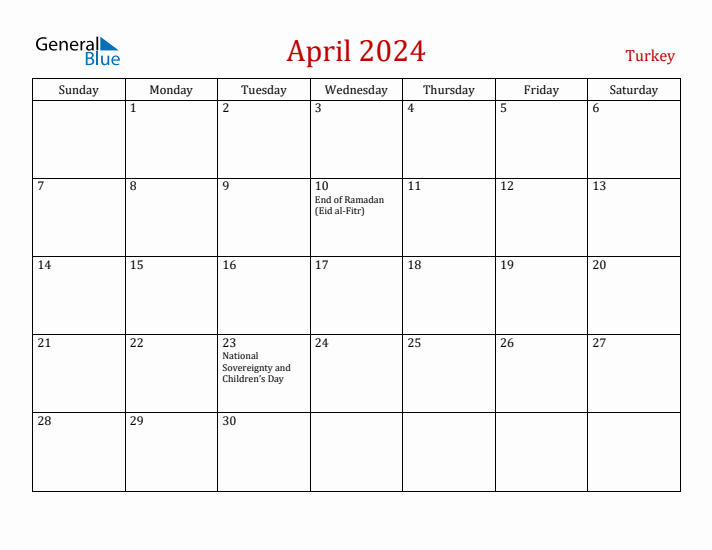 Turkey April 2024 Calendar - Sunday Start