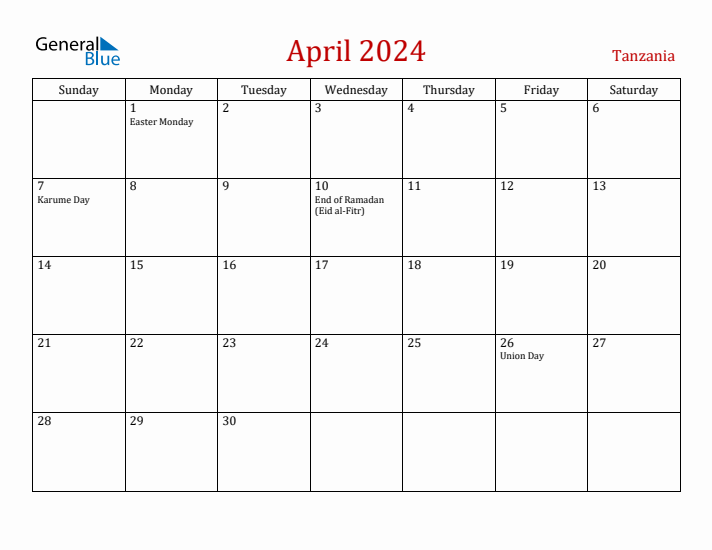 April 2024 Monthly Calendar with Tanzania Holidays