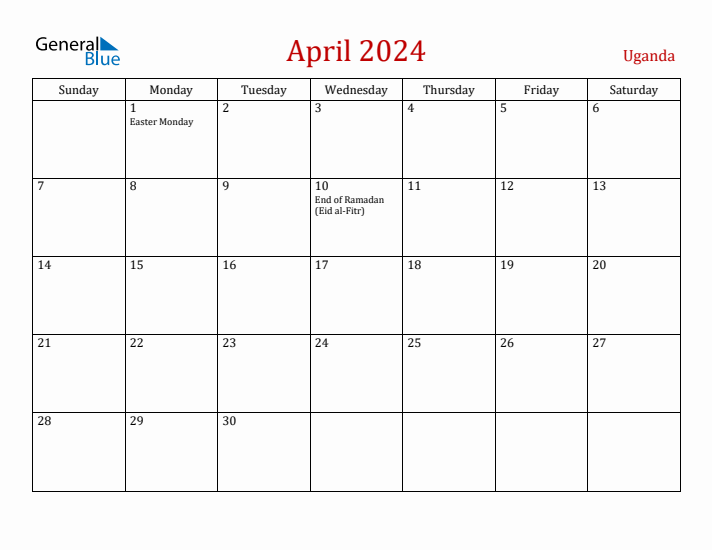 Uganda April 2024 Calendar - Sunday Start