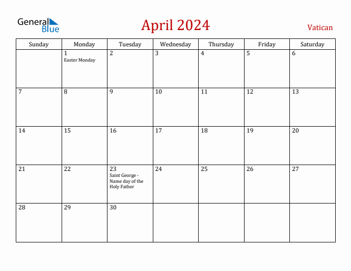 Vatican April 2024 Calendar - Sunday Start