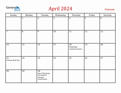 Current month calendar with Vietnam holidays for April 2024
