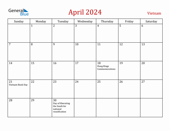 Vietnam April 2024 Calendar - Sunday Start