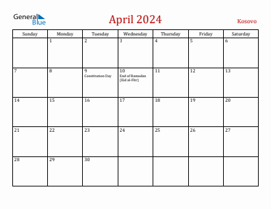 Current month calendar with Kosovo holidays for April 2024