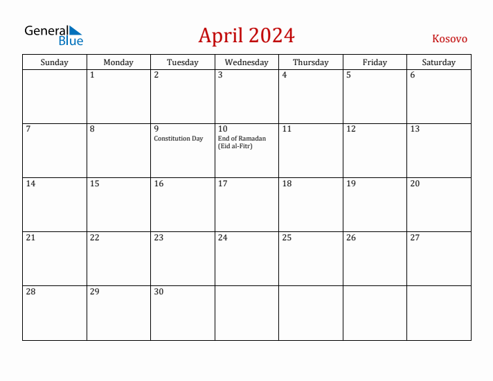 Kosovo April 2024 Calendar - Sunday Start
