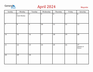 Current month calendar with Mayotte holidays for April 2024