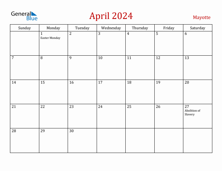 Mayotte April 2024 Calendar - Sunday Start