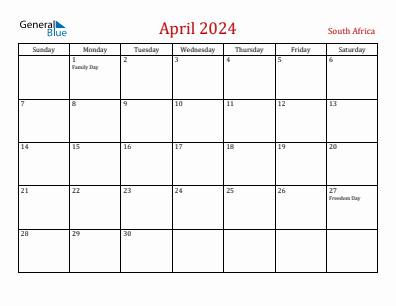 Current month calendar with South Africa holidays for April 2024