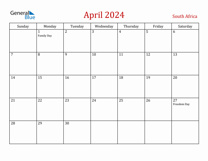 South Africa April 2024 Calendar - Sunday Start