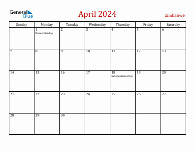 Current month calendar with Zimbabwe holidays for April 2024
