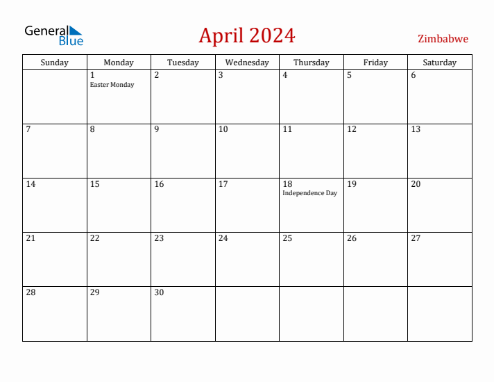 Zimbabwe April 2024 Calendar - Sunday Start