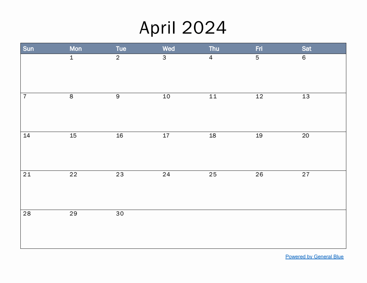 Monthly Calendar Template for April 2024