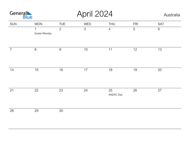 April 2024 Calendar with Australia Holidays