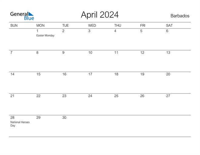 April 2024 Calendar with Barbados Holidays
