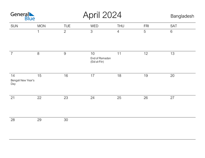 Printable April 2024 Calendar for Bangladesh