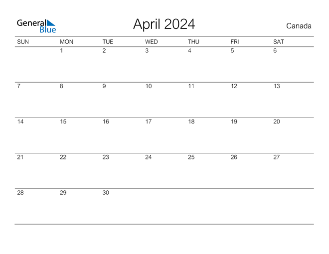 Canada April 2024 Calendar with Holidays