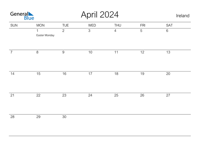 April 2024 Calendar with Ireland Holidays