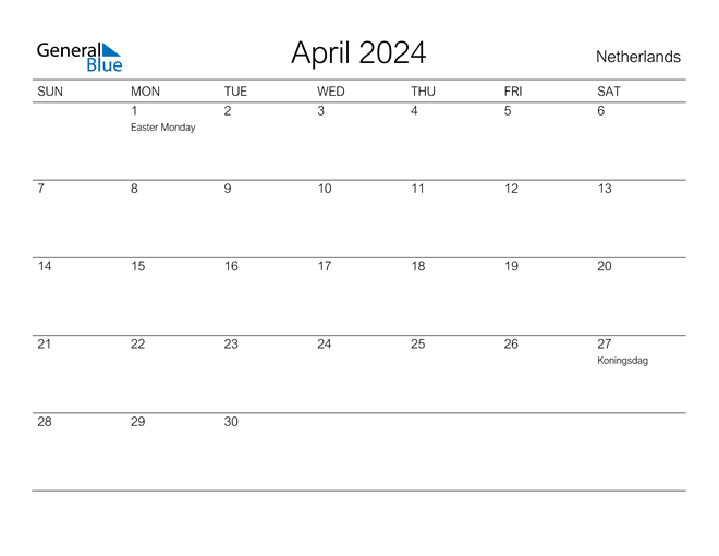 Netherlands April 2024 Calendar with Holidays