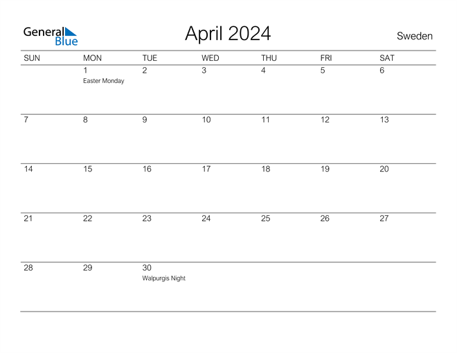 Printable April 2024 Calendar for Sweden