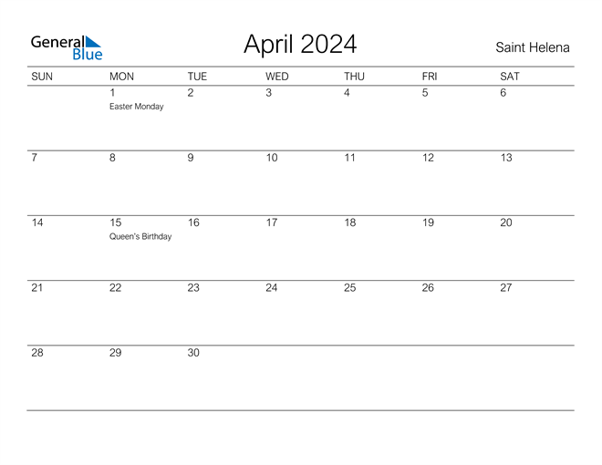 Saint Helena April 2024 Calendar with Holidays