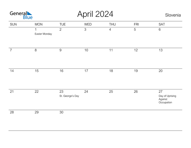 Printable April 2024 Calendar for Slovenia