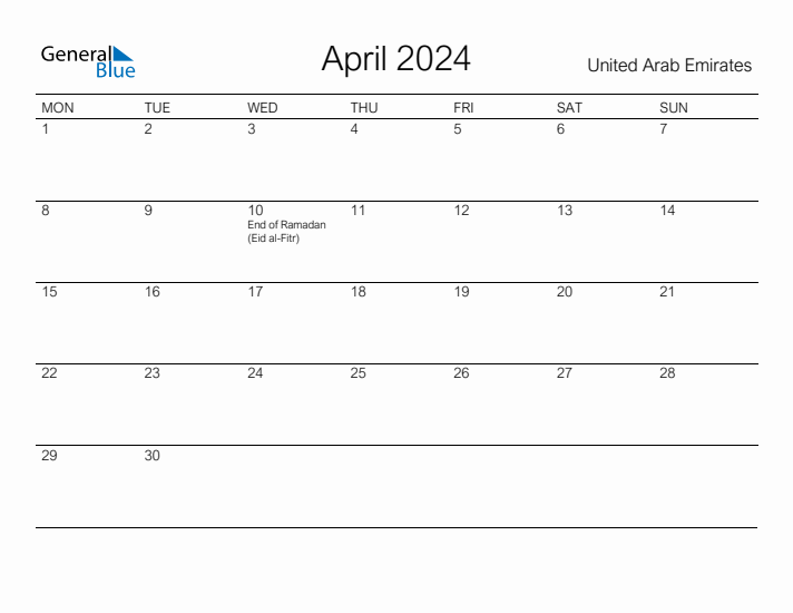 Printable April 2024 Monthly Calendar with Holidays for United Arab