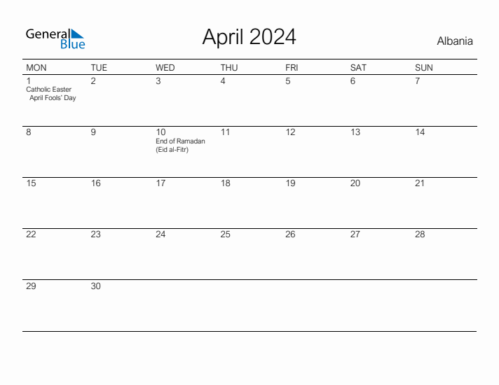 Printable April 2024 Calendar for Albania