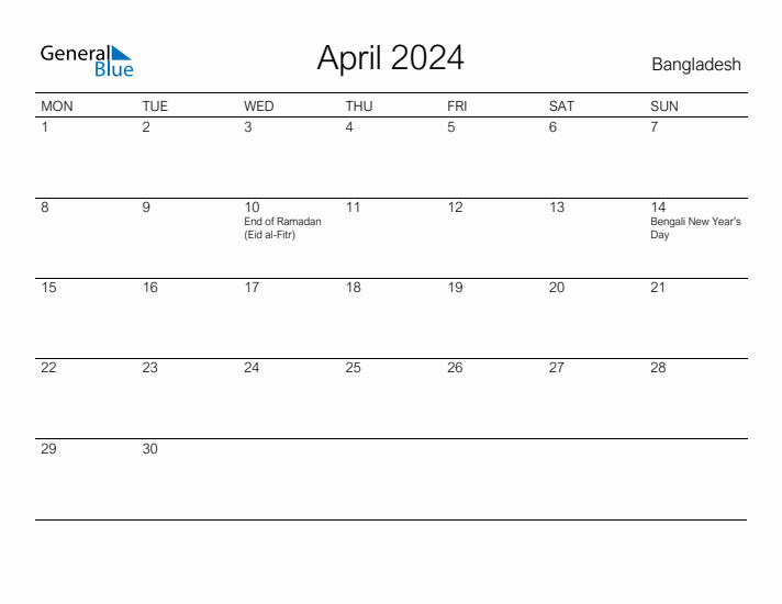 Printable April 2024 Calendar for Bangladesh