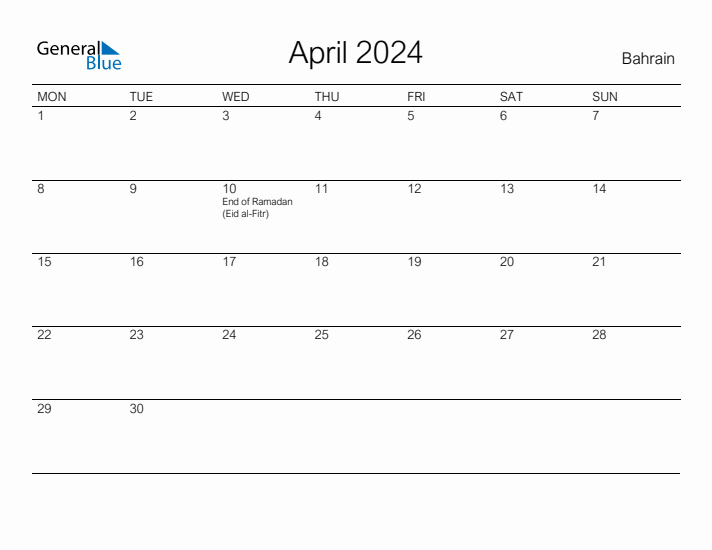 Printable April 2024 Calendar for Bahrain
