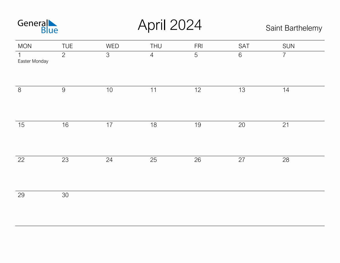 Printable April 2024 Monthly Calendar with Holidays for Saint Barthelemy