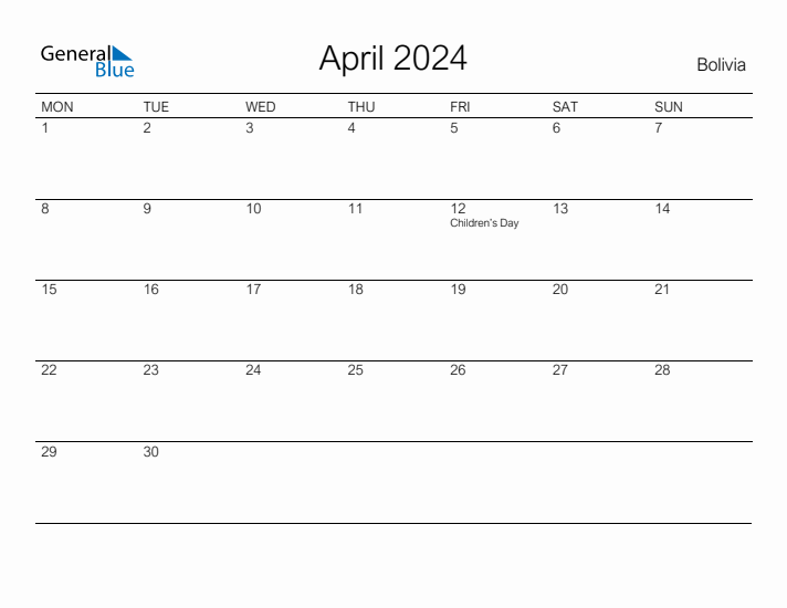 Printable April 2024 Calendar for Bolivia