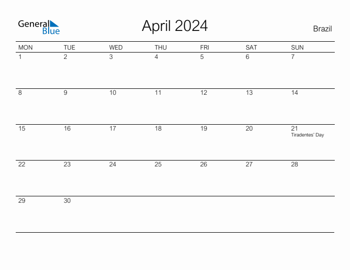 Printable April 2024 Calendar for Brazil
