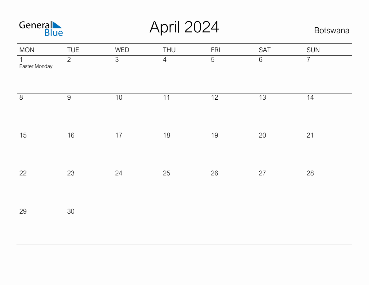 Printable April 2024 Monthly Calendar with Holidays for Botswana