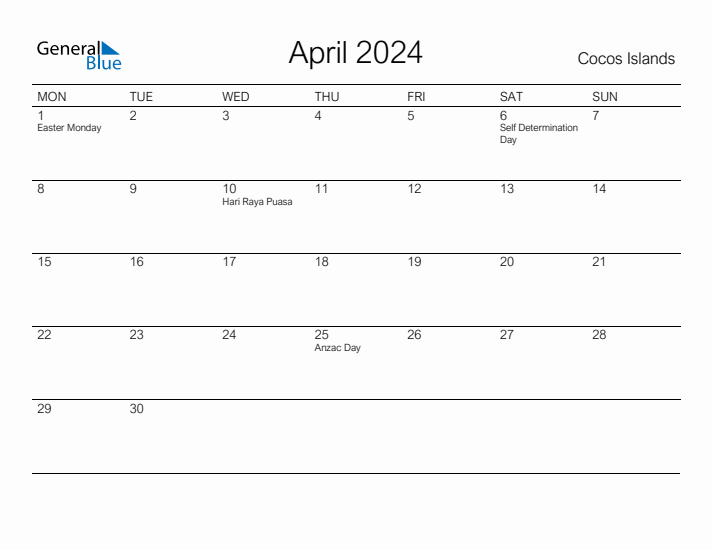 Printable April 2024 Calendar for Cocos Islands