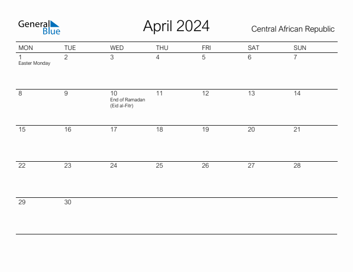 Printable April 2024 Calendar for Central African Republic
