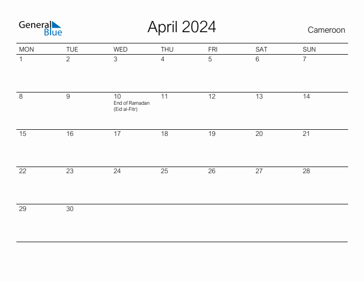 Printable April 2024 Calendar for Cameroon
