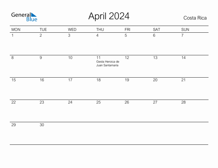 Printable April 2024 Monthly Calendar with Holidays for Costa Rica