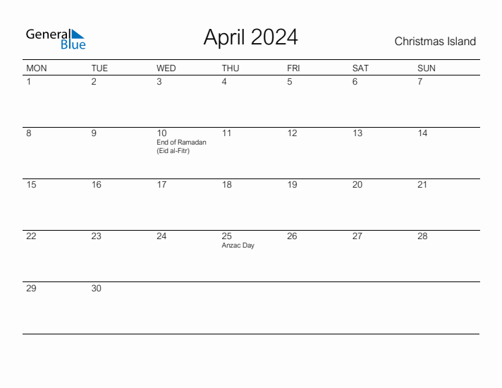 Printable April 2024 Calendar for Christmas Island
